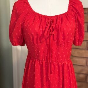 Red Midi Dress with Tie Front and Puff Sleeves